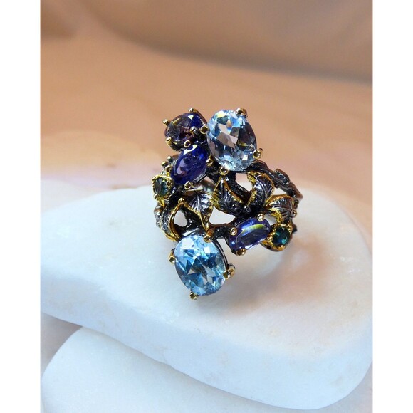 Stunning Blue Topaz- Iolite Sterling Silver Ring Botanical Vines Size 8 Cocktail - Picture 5 of 9